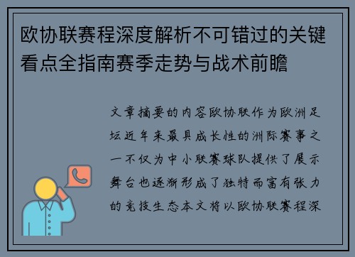 欧协联赛程深度解析不可错过的关键看点全指南赛季走势与战术前瞻